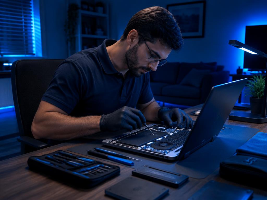 Técnico realizando manutenção de notebook na casa do cliente